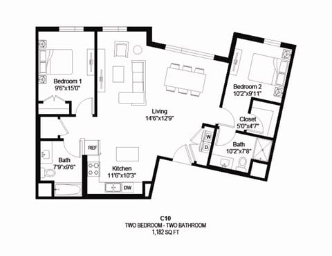 Floor plan for 2 beds, 2 baths, 1182 sqft